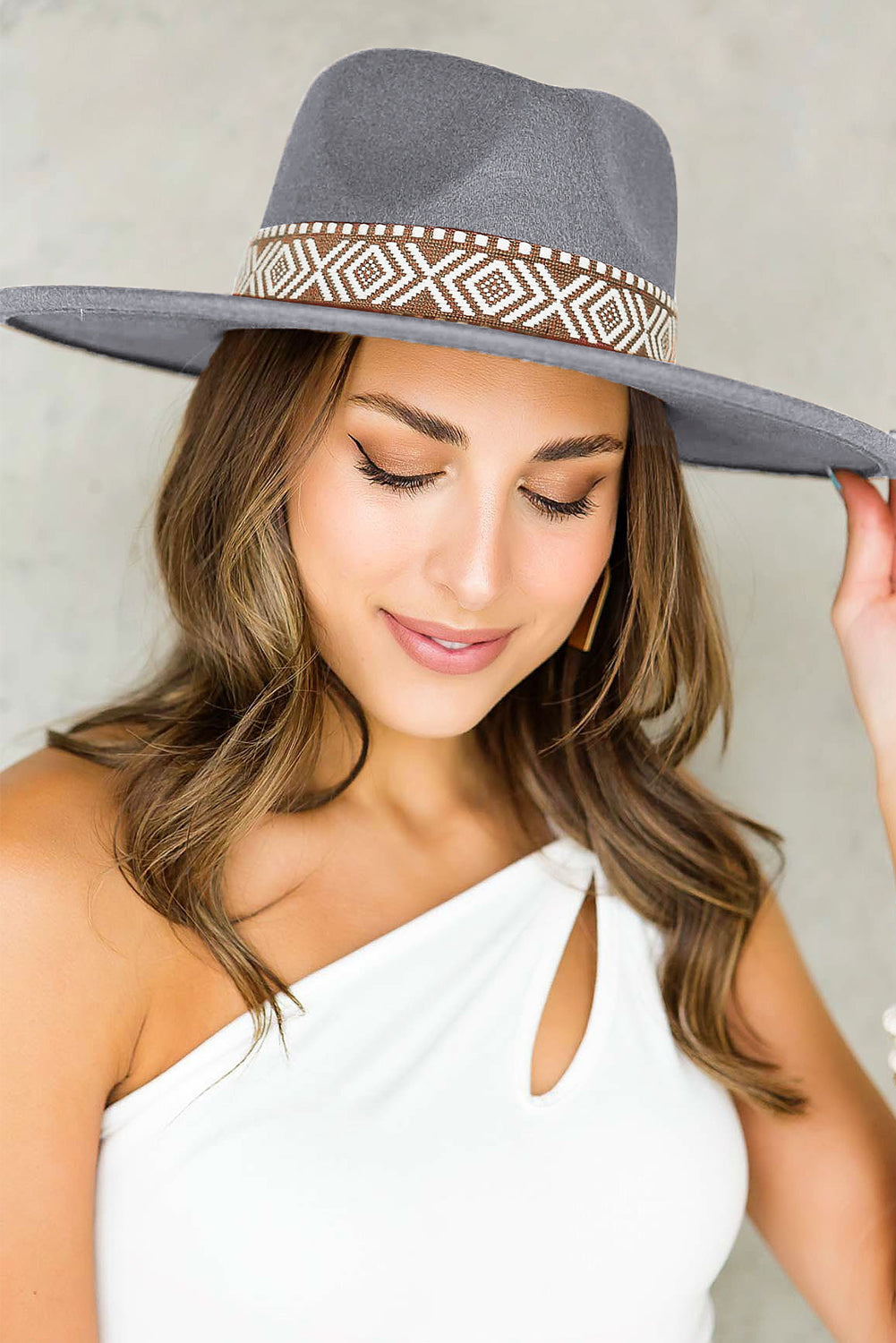 Gray Aztec Embroidery Retro Flat Fedora Hat