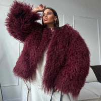 Burgundy Fluffy Faux Fur Warm Short Coat Lady Elegant Round Neck Long Sleeve Cardigan Jacket 2024 Women Winter Street Outerwear