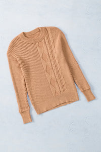 Khaki Multiple Pattern Knit Drop Shoulder Sweater