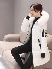 Women Winter Black Fur Collar Hooded Parka Fashion Letter Patch Zipper Pockets Long Jacket Elegant Slim Warm Thick Female Coats