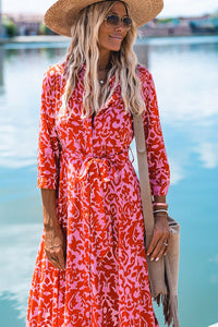 Tomato Red Printed 3/4 Sleeve V Neck Shirt Long Dress with Belt