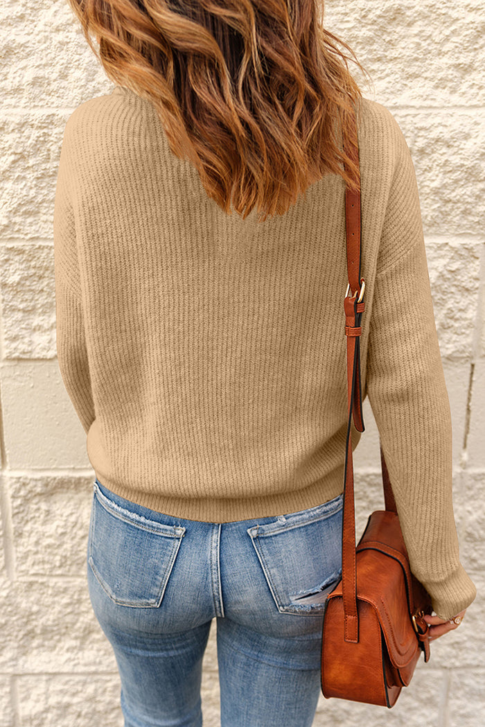 Khaki Buttoned Turn Down Collar Comfy Ribbed Sweater