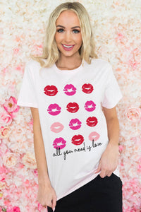 White all you need is love Valentines Kisses Graphic Tee