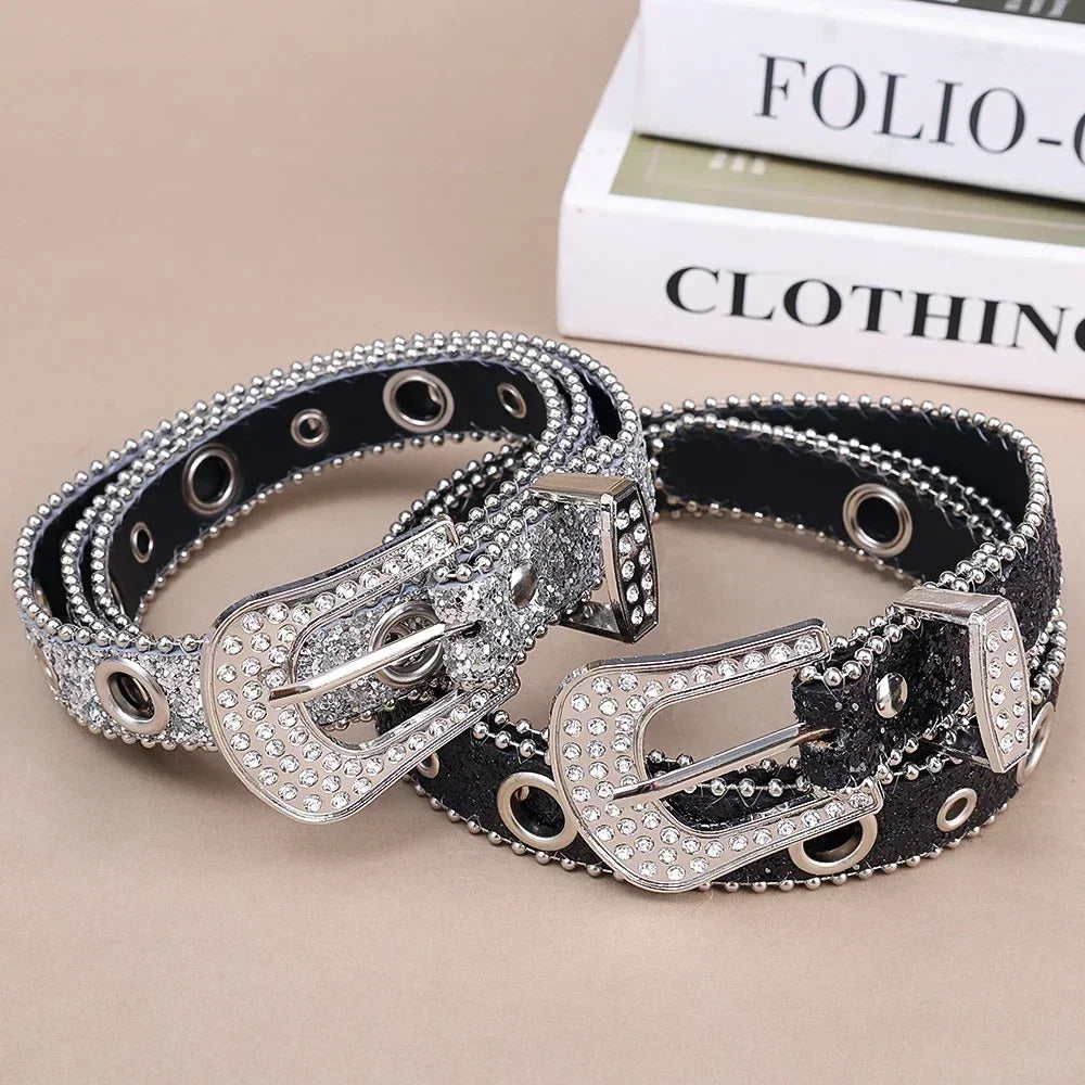 Y2K Women Fashion Solid Print Studded Full Rhinestone Belt PU Leather Bling Crystal Adjustable Glitter Waistband for Club Party