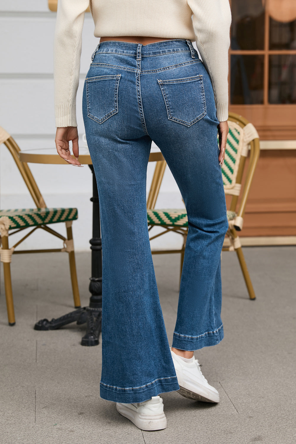 Blue High Waist Seam Stitching Pocket Flare Jeans