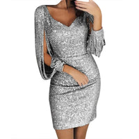 2024 New Silver Sequin Skinny Dress Women Sexy Tassel Sleeves V Neck Club Mini Dress Elegant Ladies Bodycon Pencil Party Vestido