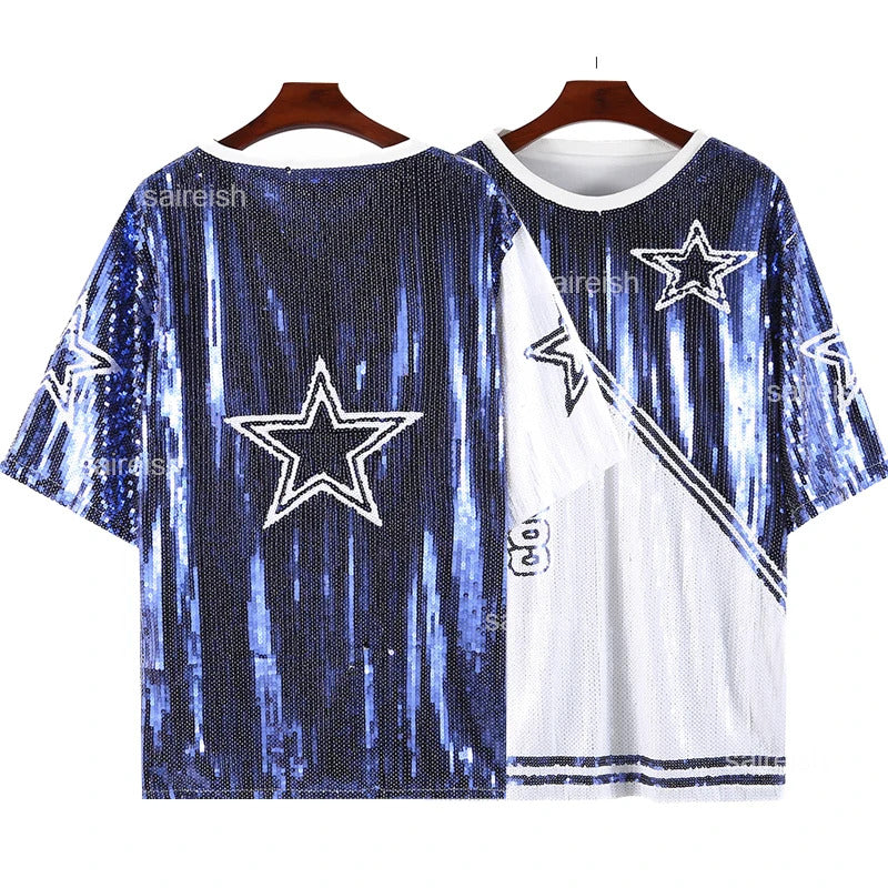 Geme day Women Blue Stars Sequin Shirts Dress