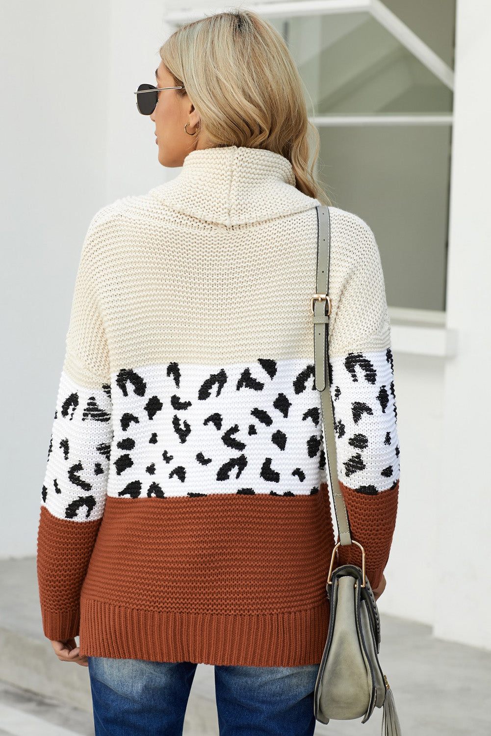 Apricot Turtleneck Splicing Chunky Knit Pullover Sweater