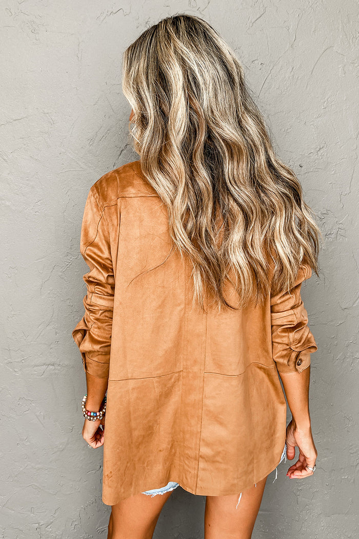 Camel Faux Suede Button Up Jacket