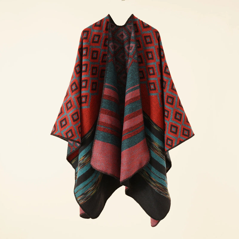 2024 Autumn Winter New Geometric Stripe Pattern Imitation Cashmere Warm Casual Women  Shawl  Poncho Capes Lady Coat Purple