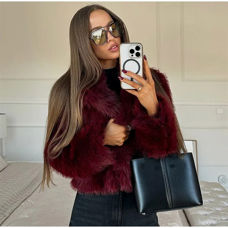 Fashion Burgundy Red Fluffy Faux Fur Short Coats Women Solid Lapel Full Sleeve Warm Jacket Winter New Chic High Street Outerwear