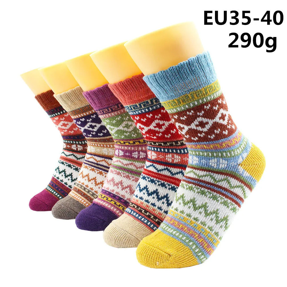 5 Pairs Winter Warmer Women Thicken Thermal Wool Cashmere Snow Socks Fashion Casual Euramerican National Wool Socks for Women