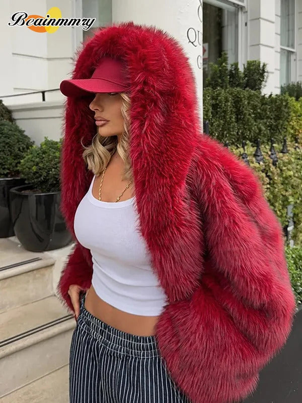 Women Fashion Turn-down Collar Winter Warm Jacket 2025 Christmas Red Hooded Fluffy Faux Fur Coats Casual High Street Outerwear