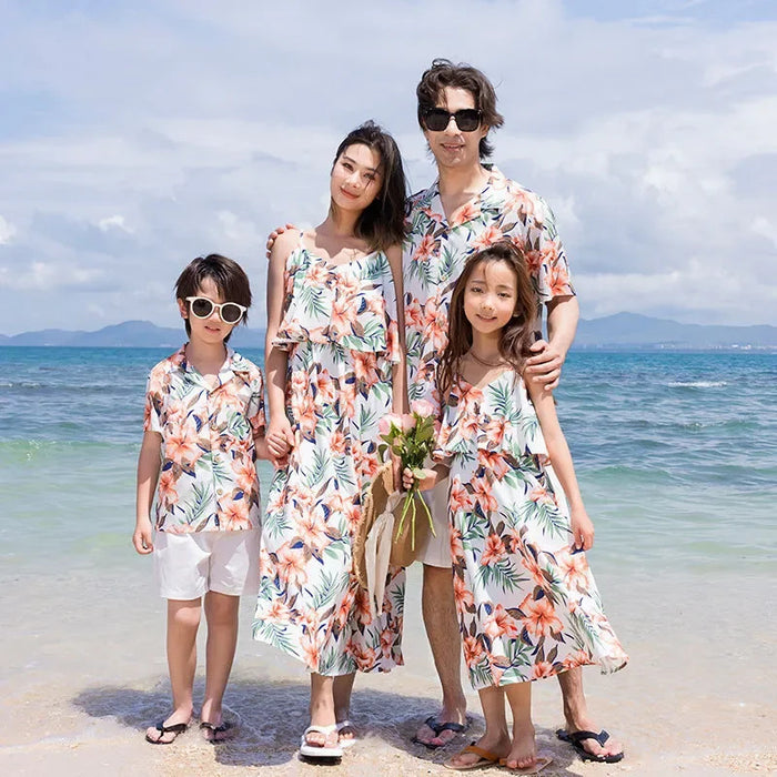 Family Look Vacation Beach Clothing Mom Daughter Sleeveless Dress Dad Son Matching Floral Shirt Set Parent Child Holiday Clothes