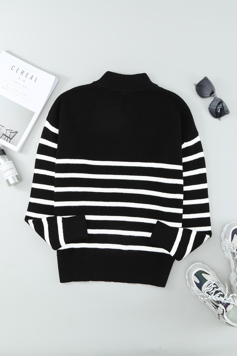 Black Striped Zipper Knit Sweater