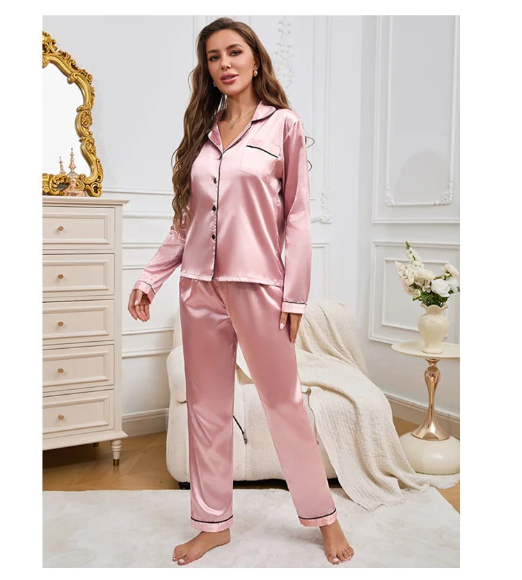 Women's Pajamas Autumn Luxurious Solid Satin Long Sleeve Pajama Set Elegant Lapel Collar Top & Long Pants Sleepwear & Loungewear