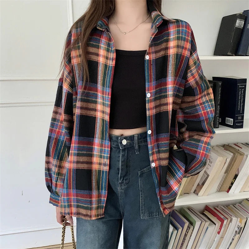 Plaid Shirt Women Autumn Long Sleeve Top Female Vintage Fashion Single Breasted Blouse Ladies Preppy Style Loose Check Shirts