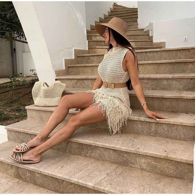 Elegant Knit Tassels Hollow Out Mini Dress Women Slim O-neck Sleeveless Female Beach Dresses 2024 Summer Lady Fashion Vestidos