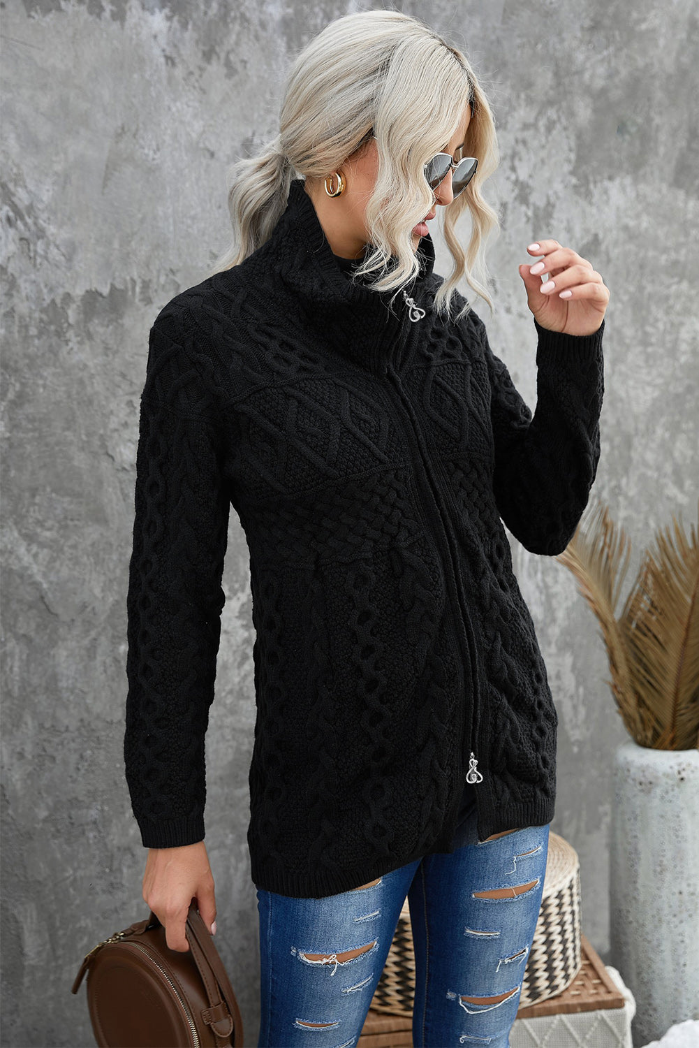 Black Zip-up Open Front Knitted Sweater