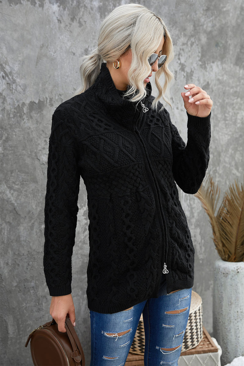 Black Zip-up Open Front Knitted Sweater