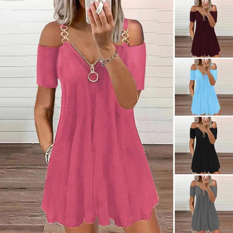 2023 Summer New Fashion Short Sleeve Solid Color Metal Zipper V Neck Casual Loose Mini Dress Loose Plus Size