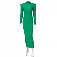 Shoulder Padded Long Sleeve Bodycon Green Party Club Maxi Long Dress  Spring Autumn Women Fashion Elegant Clothes