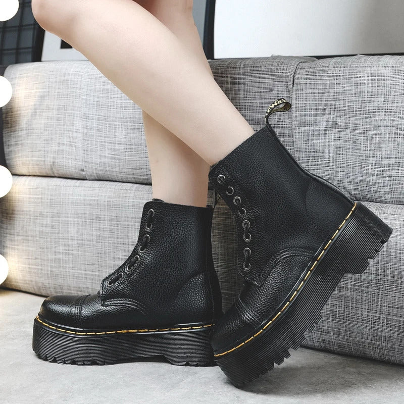 Women Boots Genuine Leather Platform Boots Motorcycle Shoes Front Zipper Optical Soles Fashion Sexy Punk Men Winter Boots 35-46