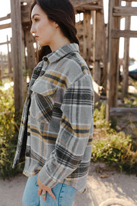 Gray Plaid Print Pocketed Shirt Jacket