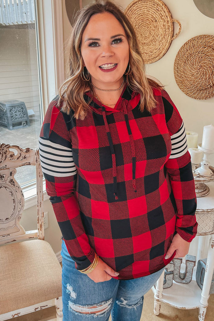 Fiery Red Plus Size Plaid Striped Patch Sleeve Hoodie