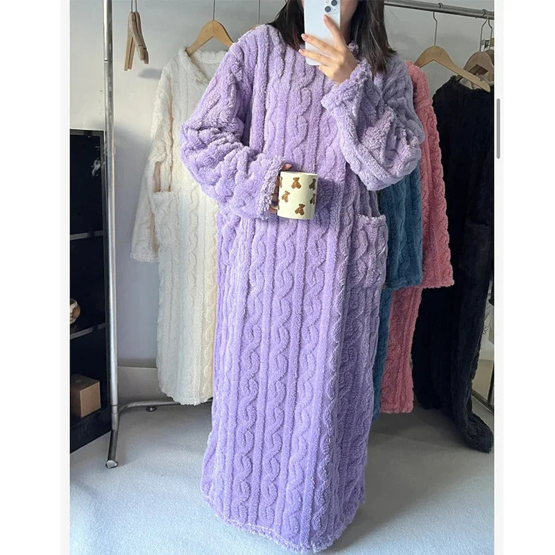 Winter Long Sleeve Double Pocket Flannel Nightgowns Women Loose Solid Sleepwear Jacquard Night Dress Thickened Warm Nightdress