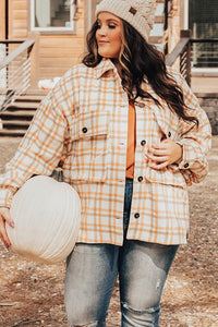 Khaki Plus Size Plaid Jacket with Flap Pockets