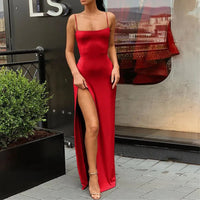 2024 Women's Sexy Sleeveless Slit Black Dress Summer High Waist Open Back Slim Fit Long Party Club Slip Dress