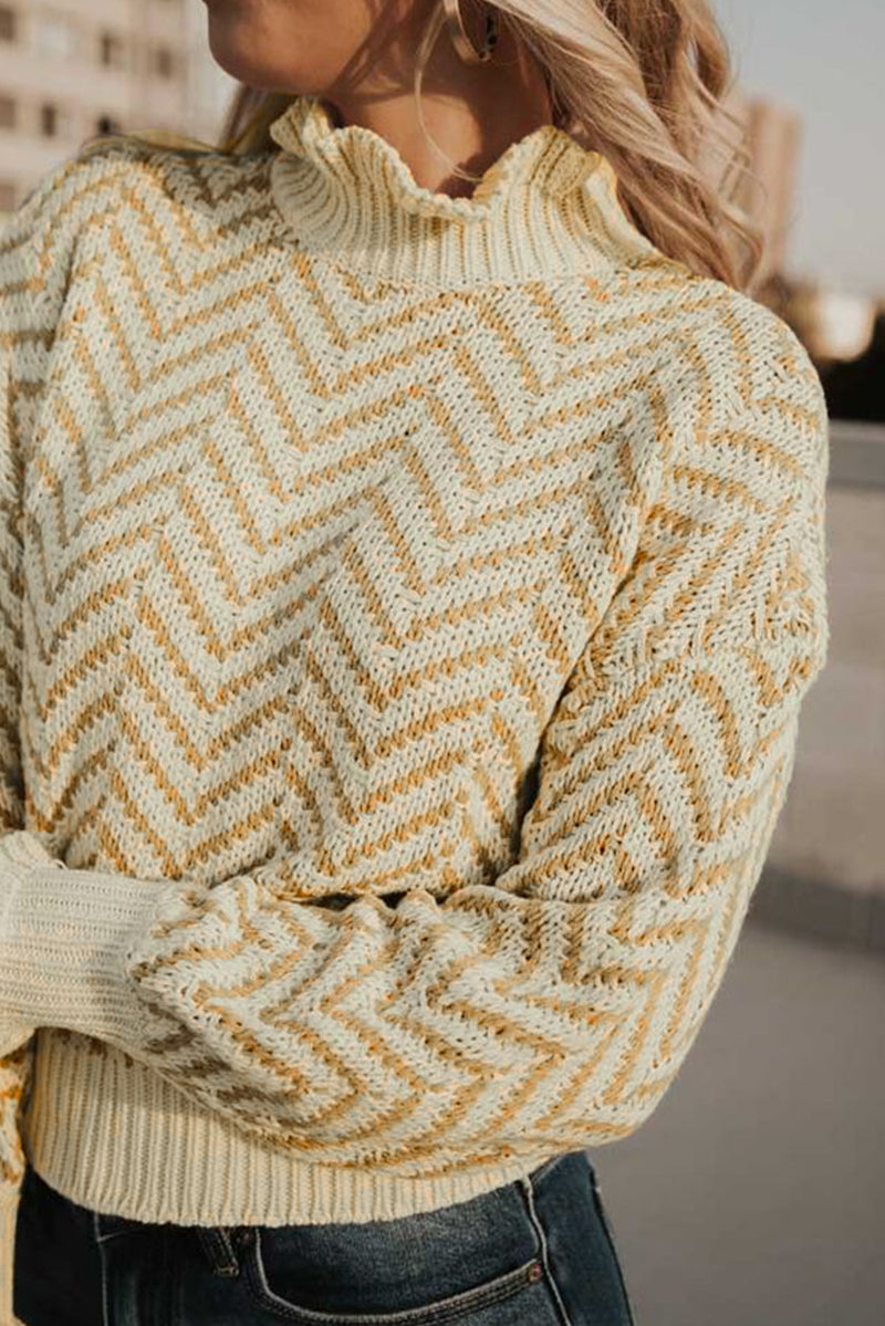 Khaki Chevron Striped High Neck Drop Shoulder Sweater