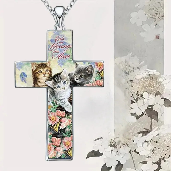 Stylish and Exquisite Three Cats Cross Pendant Necklace for Kid Christian Religious Jewelry Accessories for Friend Birthday Gift