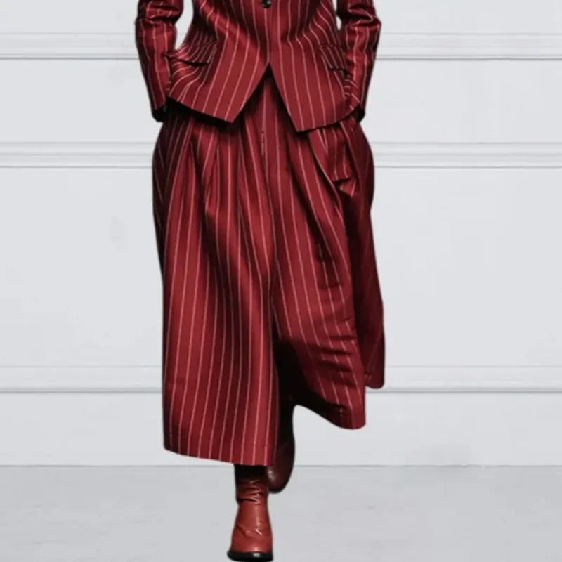 Beautyblue Blazer Set Women Notched Collar Outerwear Striped Trousers New Vintage Loose Wide Leg Long Sleeves Suit Costume Femme