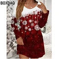 Ladies' Red Christmas Day Party Dress 3D Christmas Tree Pattern Printed Dress Big Size Autumn Long Sleeve O-Neck Casual Dresses