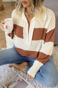 Stripes Collared Neck Corded Sweater