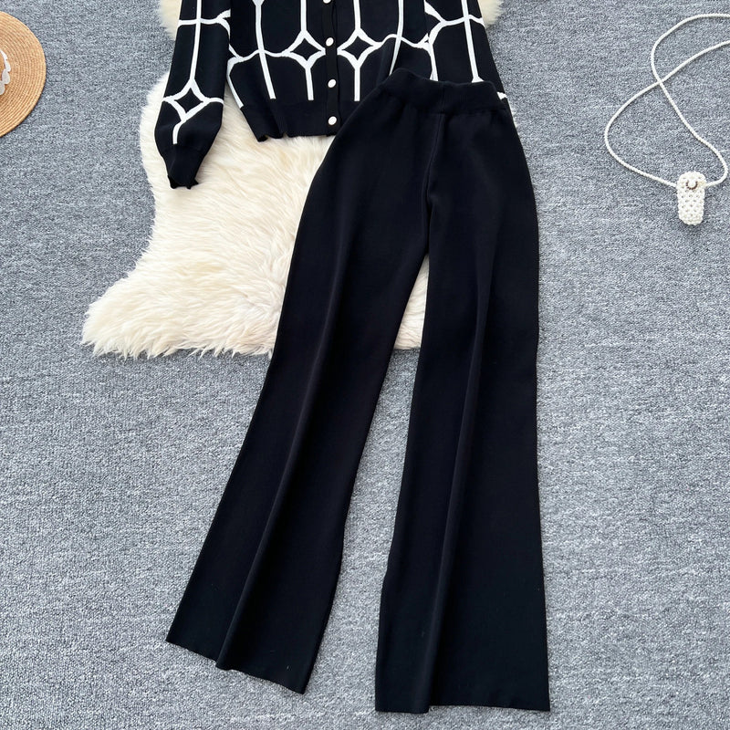 SINGREINY Basics Print Knit Two Pieces Sets Autumn Winter Single Breasted Cardigan+Wide Leg Long Pants Fashion Streetwear Suits