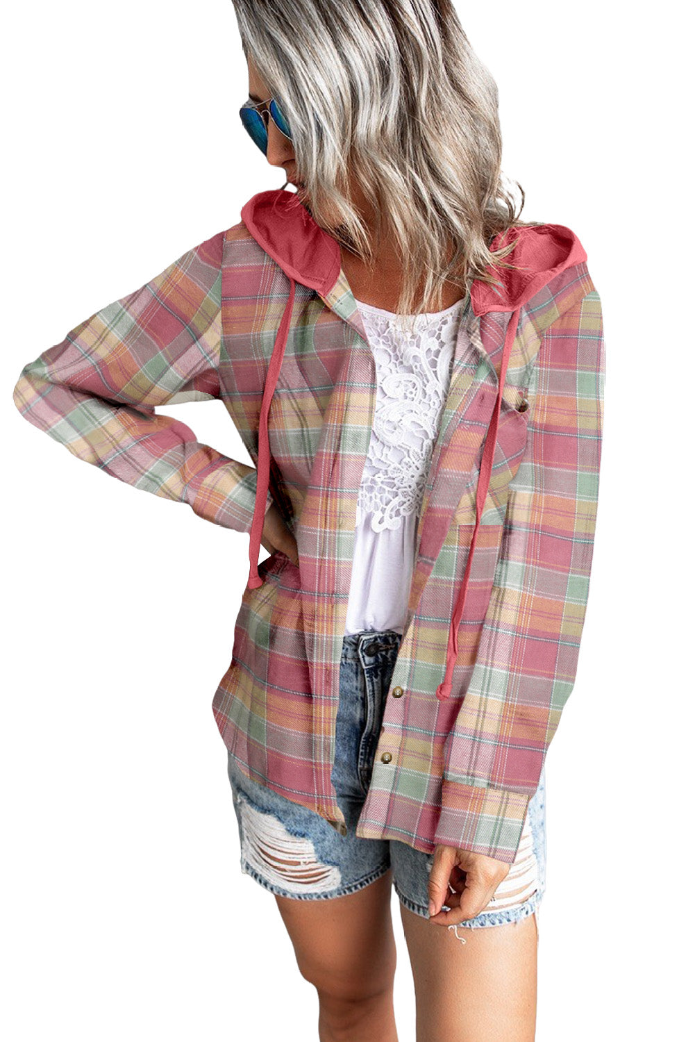 Red Drawstring Plaid Hooded Shacket