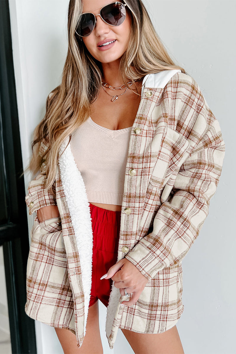 Fiery Red Sherpa Lined Hooded Plaid Jacket