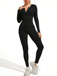 Fall new hot sale sexy bodysuit for women solid color ribbed long sleeve zipper bodycon sporty clothing rompers women's jumpsuit