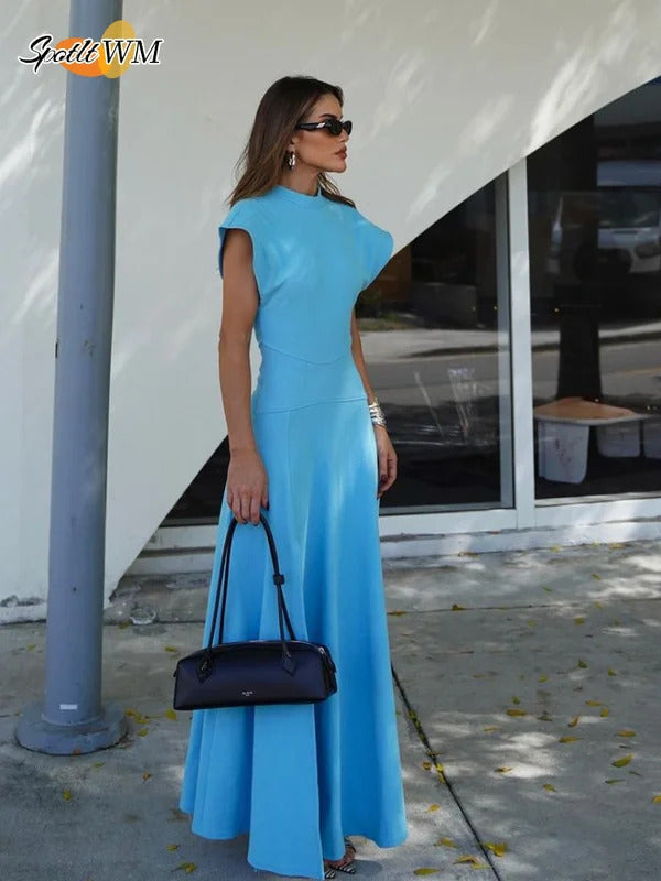 Chic Shoulder Pad Round Neck Solid Maxi Dress Women Elegant Sleeveless A-line Long Dresses 2024 Lady Fashion High Street Robes