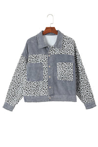 Gray Leopard Patchwork Corduroy Ripped Hem Button up Jacket