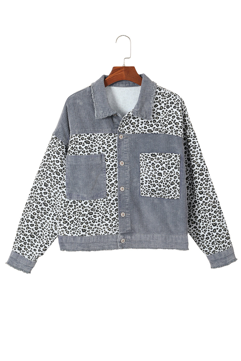 Gray Leopard Patchwork Corduroy Ripped Hem Button up Jacket