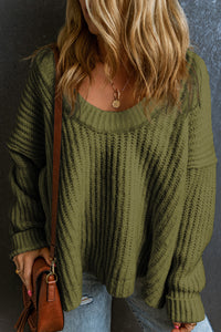 Khaki Ribbed Knit Round Neck Slouchy Chunky Sweater