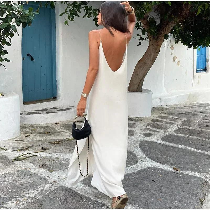 Summer Women Backless Sling Dress Sexy Loose V Neck Sleeveless Split Maxi Dresses 2024 New Female Beach Vacation Party Robes