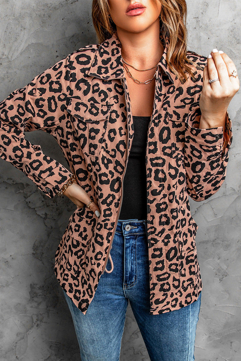 Brown Lapel Collar Zipper Drawstring Leopard Coat