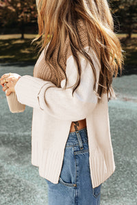 Parchment Cable Knit Color Block Side Splits High Neck Sweater