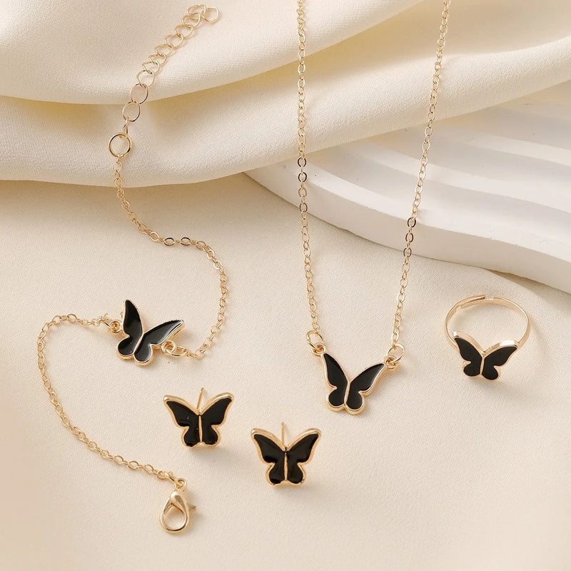 Romantic Butterfly Jewelry Sets Crystal Acrylic Bracelet Ring Necklace Earring Set for Women Wedding Dinner Dress Accessories