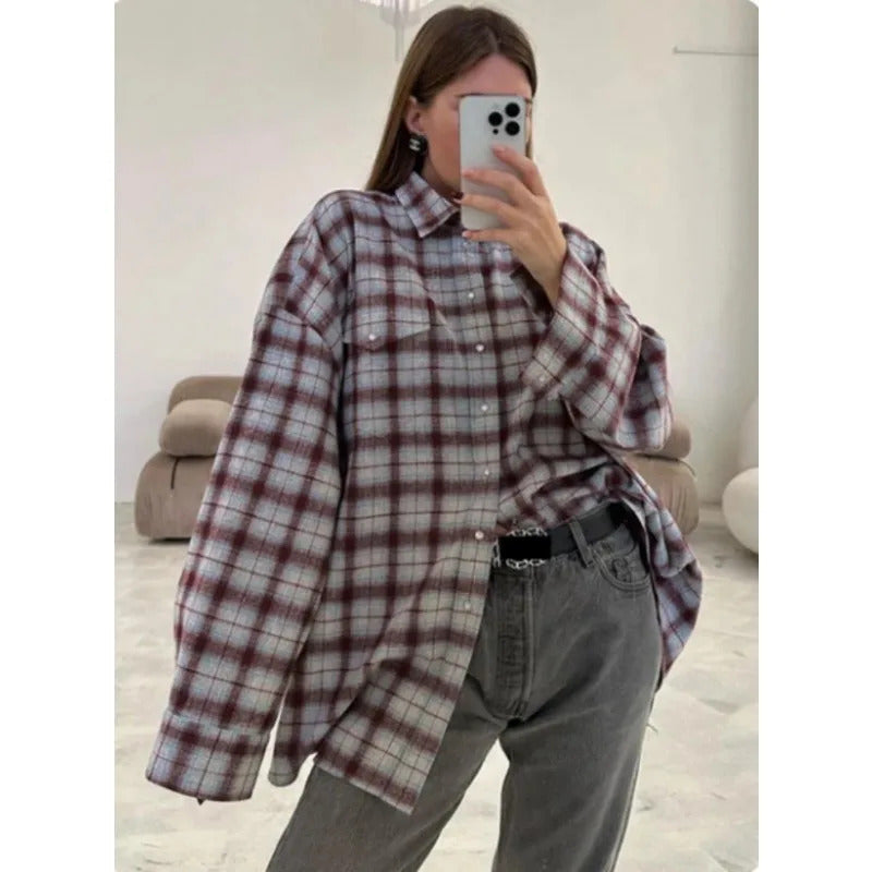 Clacive Fashion Baggy Plaid Women'S Blouse Elegant Lapel Long Sleeve Shirts And Blouses Vintage Pocket Lace-Up Top Female